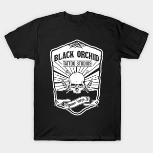 Black orchid tattoo skull T-Shirt